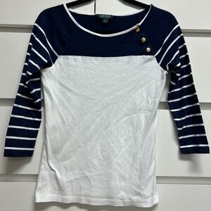 Ralph Lauren Blue and White Long Sleeve Tee Casual Comfort